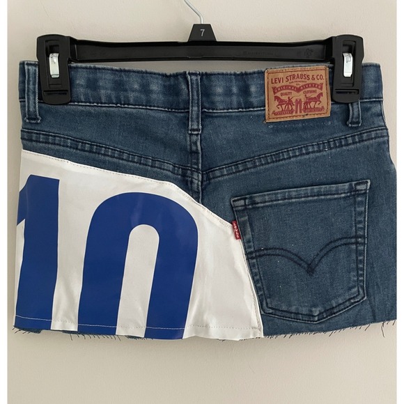 Levi's Dresses & Skirts - Levi Strauss Upcycled Denim Mini Skirt Blue White Graphic Numbered Size 7 26W